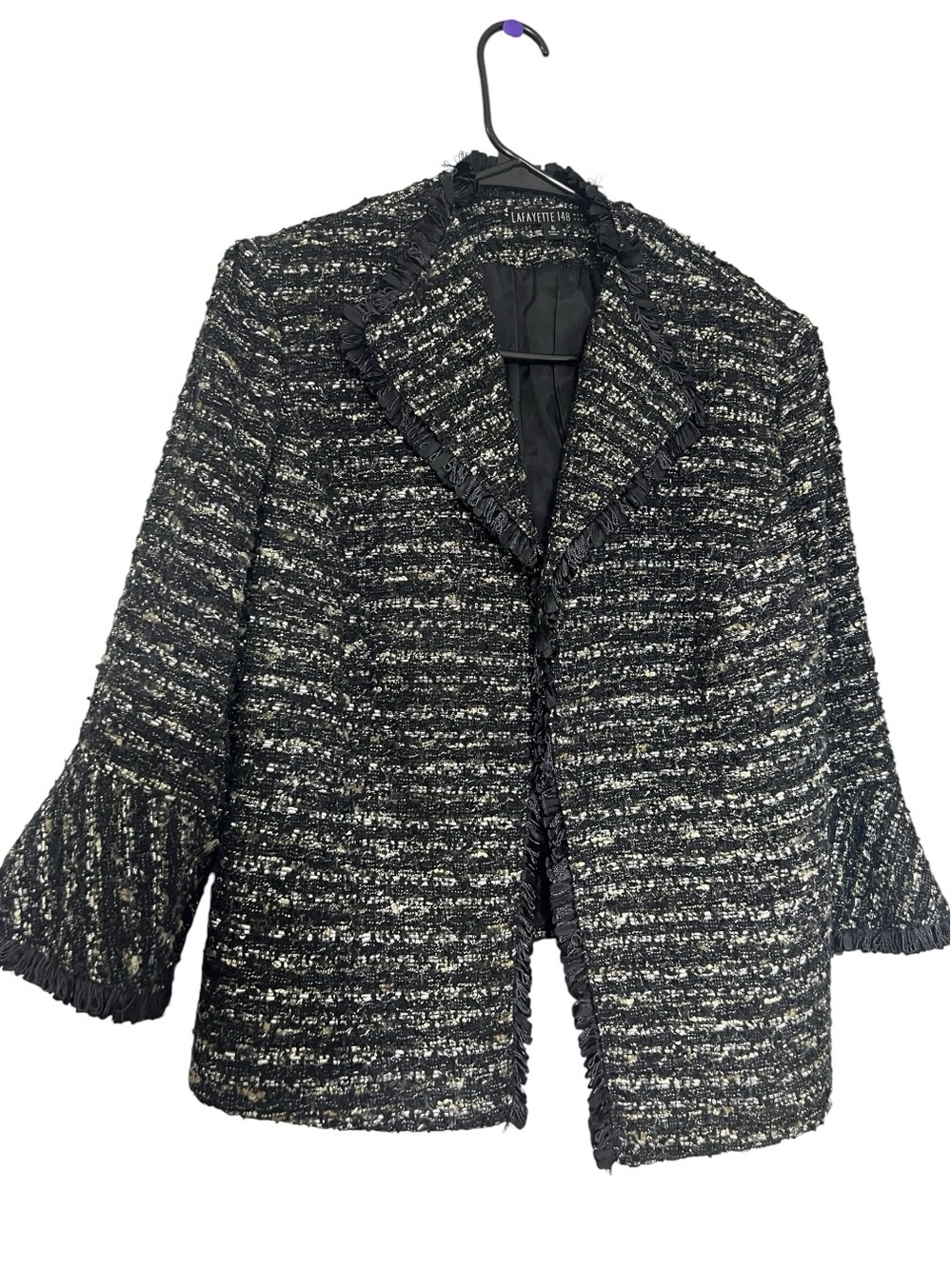 Lafayette 148 New York Black & White Tweed Fringe-Trim Jacket
